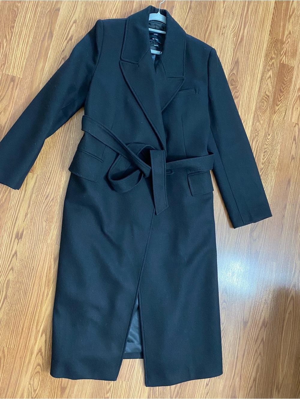 Mango Black Belted Long Trench Coat with Notch Lapels